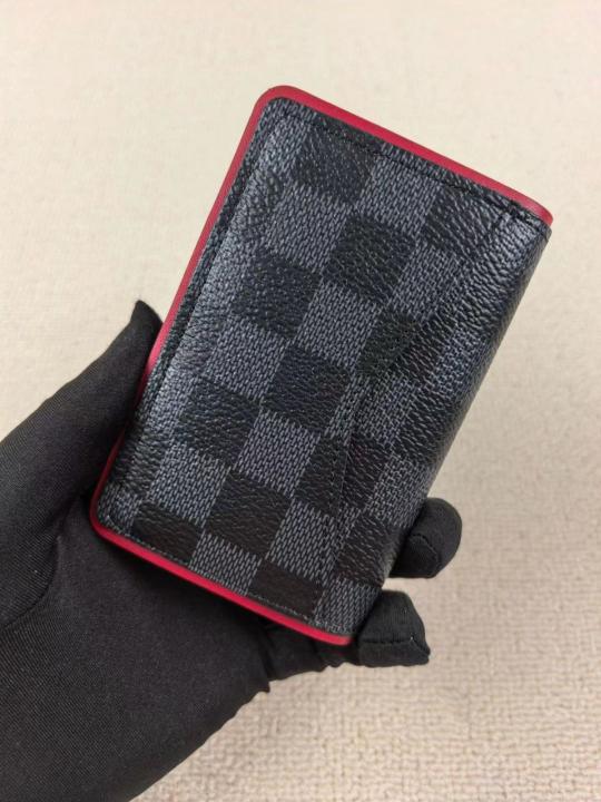 Louis Vuitton Pocket Organizer Wallet Damier Graphite Canvas Red Leather Lining And Multiple Card Slots Black Square Bright Red N64502 Red