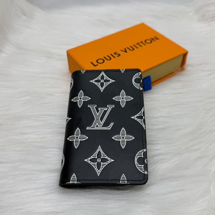 Louis Vuitton LV Black Leather Card Case Wallet M82322 Black White Embossed