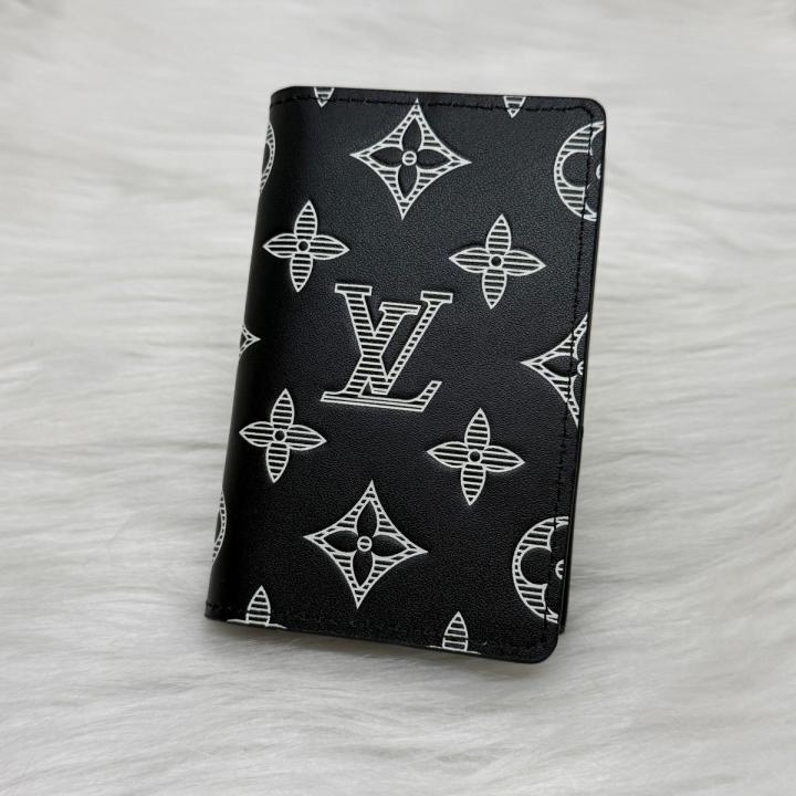Louis Vuitton LV Black Leather Card Case Wallet M82322 Black White Embossed