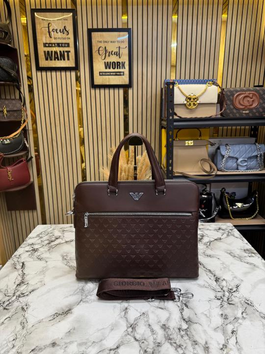 Armani Brown Monogram Embossed Pattern Leather Laptop Bag (A1970-5)