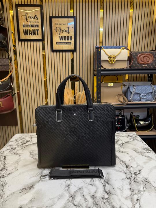 Mont Blanc Embossed Premium Quality Leather Briefcase Textured Executive Style Laptop Bag (Black) (MW2050)