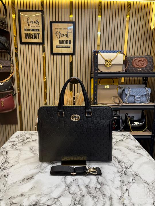 Gucci GG Monogram Embossed Executive Laptop Bag With Gold Logo And Strap (G205-5)
