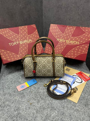 Tory Burch T Monogram Speedy Barrel Bag Hazelnut Brown Jacquard With OG Box & Dust Cover 163259