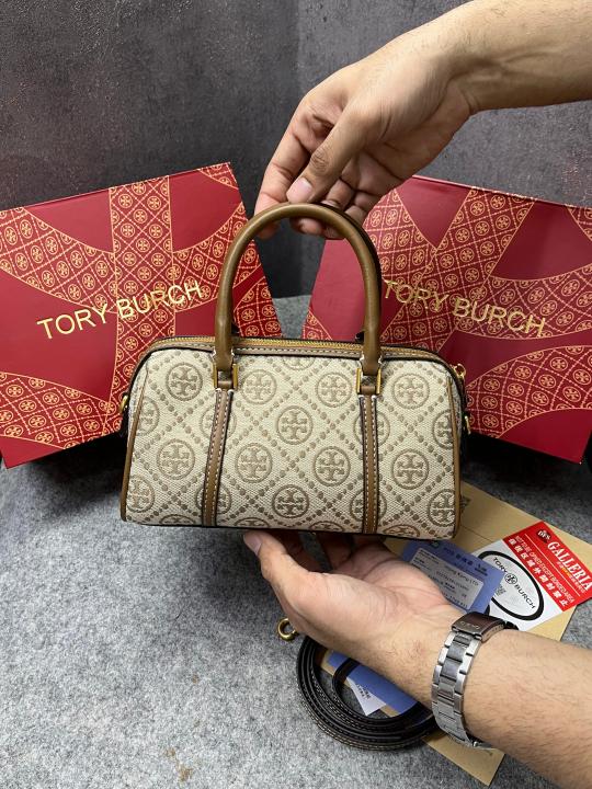 Tory Burch T Monogram Speedy Barrel Bag Hazelnut Brown Jacquard With OG Box & Dust Cover 163259