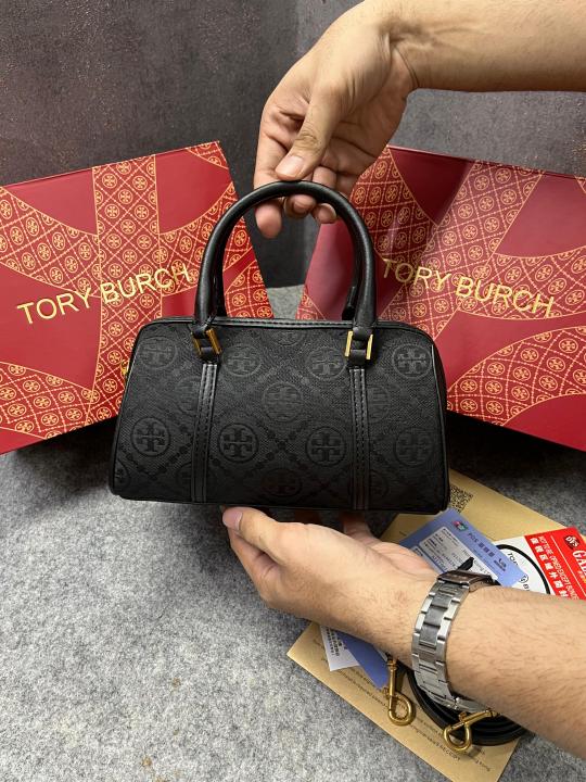 Tory Burch T Monogram Speedy Barrel Bag Black Jacquard With OG Box & Dust Cover 163259