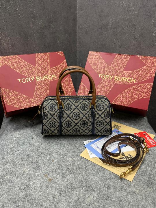 Tory Burch T Monogram Speedy Barrel Bag Navy Blue Jacquard With OG Box & Dust Cover 163259