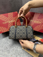 Tory Burch T Monogram Speedy Barrel Bag Navy Blue Jacquard With OG Box & Dust Cover 163259