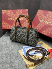 Tory Burch T Monogram Speedy Barrel Bag Navy Blue Jacquard With OG Box & Dust Cover 163259
