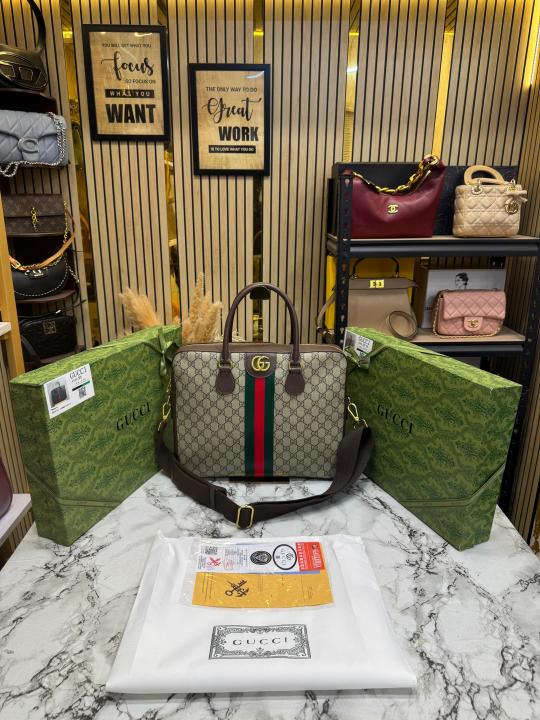 Gucci Ophidia GG Supreme Stripe Briefcase With Box And Dust Bag