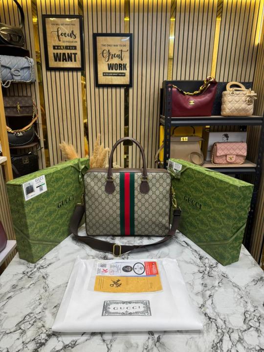 Gucci Ophidia GG Supreme Stripe Briefcase With Box And Dust Bag