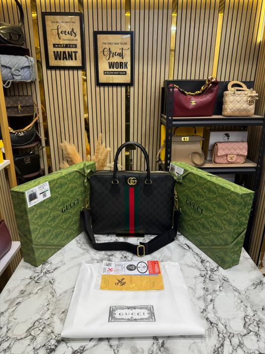 Gucci Ophidia GG Supreme Stripe Briefcase With Box And Dust Bag (Black)