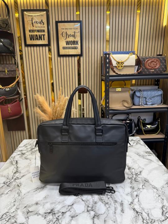 Prada Saffiano Trim Business Briefcase Bag (Black)(P8917)
