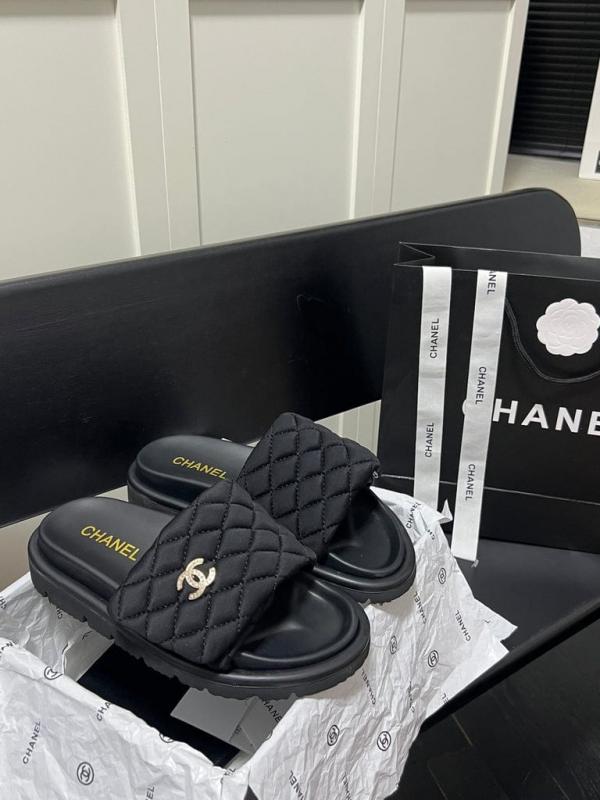 Chanel Camellia Classic FlipFlops With OG Box & Carry Bag (Black 1077)
