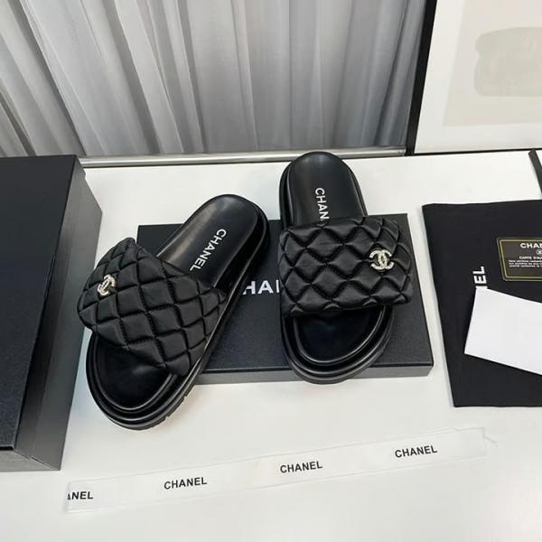 Chanel Camellia Classic FlipFlops With OG Box & Carry Bag (Black 1077)