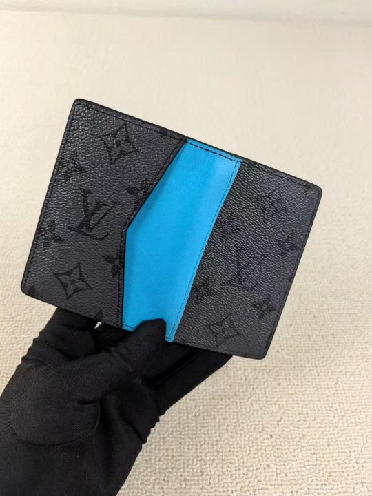Louis Vuitton LV Black Leather Monogram Card Case Wallet M11646 Grey Floral Light Blue