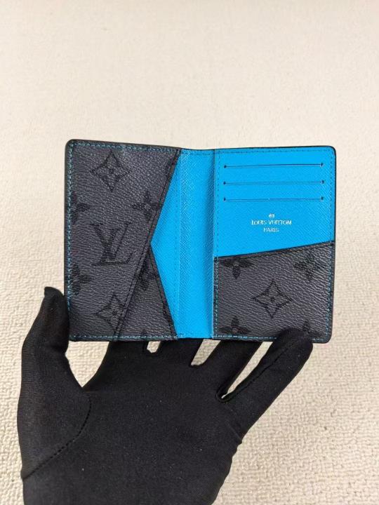Louis Vuitton LV Black Leather Monogram Card Case Wallet M11646 Grey Floral Light Blue