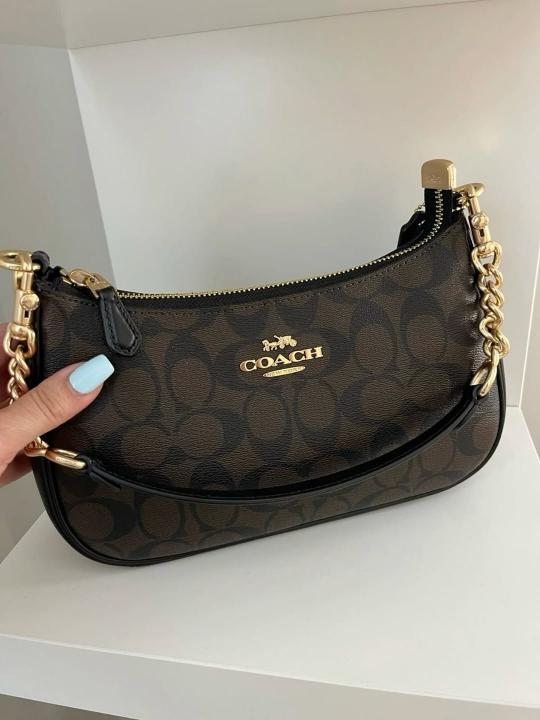 Coach Teri Coffee Black Shoulder Bag With OG Box Dust Cover Coffee Brown Ct