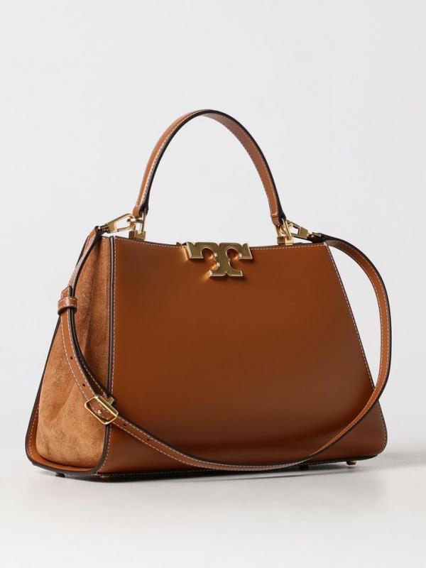 Tory Burch Eleanor leather Satchel Bag Brown Signature Gold Tons Double T hardware Plaque With OG Box Dust & Cover 3611