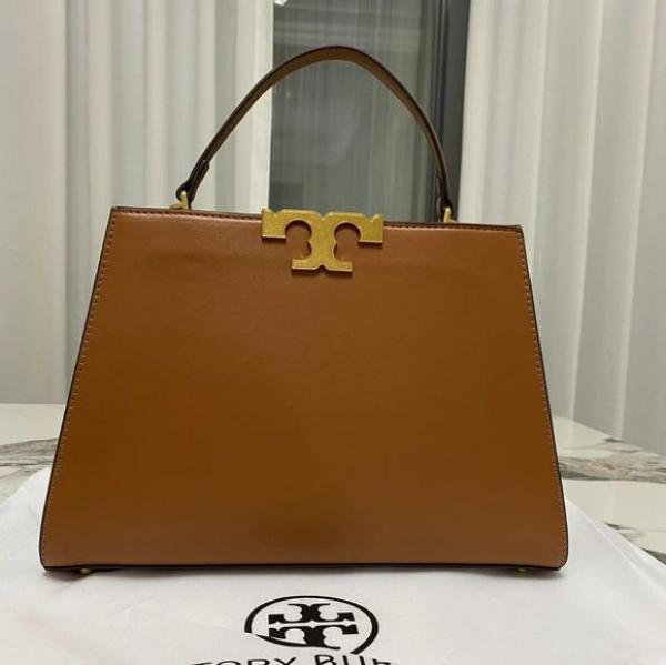 Tory Burch Eleanor leather Satchel Bag Brown Signature Gold Tons Double T hardware Plaque With OG Box Dust & Cover 3611