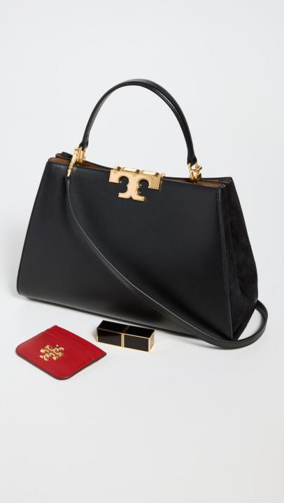 Tory Burch Eleanor leather Satchel  Bag Black Signature Gold Tons Double T hardware Plaque With OG Box Dust & Cover 3611