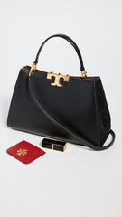 Tory Burch Eleanor leather Satchel  Bag Black Signature Gold Tons Double T hardware Plaque With OG Box Dust & Cover 3611