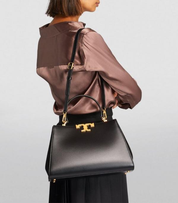 Tory Burch Eleanor leather Satchel  Bag Black Signature Gold Tons Double T hardware Plaque With OG Box Dust & Cover 3611