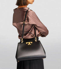 Tory Burch Eleanor leather Satchel  Bag Black Signature Gold Tons Double T hardware Plaque With OG Box Dust & Cover 3611