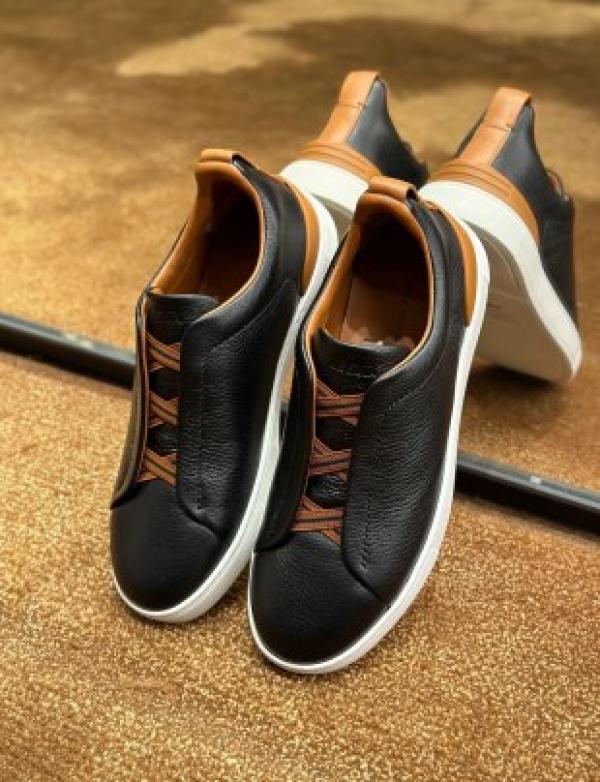 Zegna Black Deer Skin Grained Leather Triple Stitch