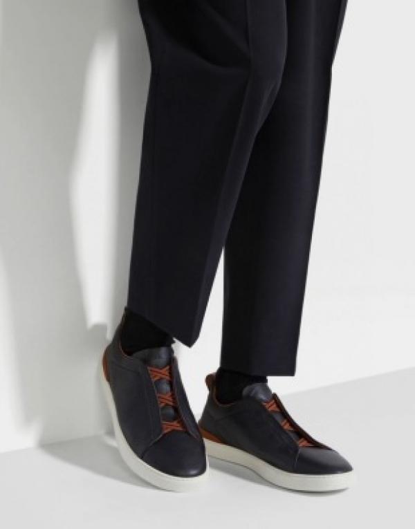 Zegna Black Deer Skin Grained Leather Triple Stitch