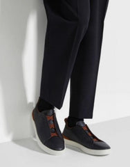 Zegna Black Deer Skin Grained Leather Triple Stitch