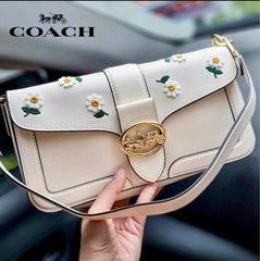 Coach Georgie Shoulder Bag Featuring Daisy Embroidery White Leather With OG Box Dust Cover Carry Carry Bag