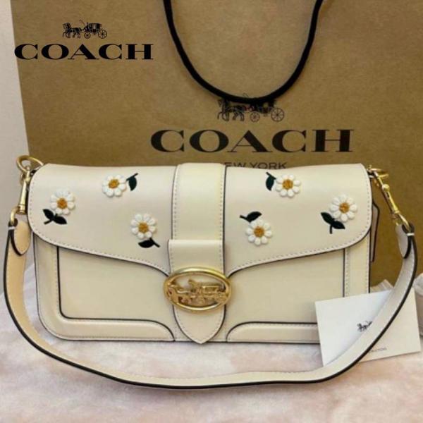 Coach Georgie Shoulder Bag Featuring Daisy Embroidery White Leather With OG Box Dust Cover Carry Carry Bag