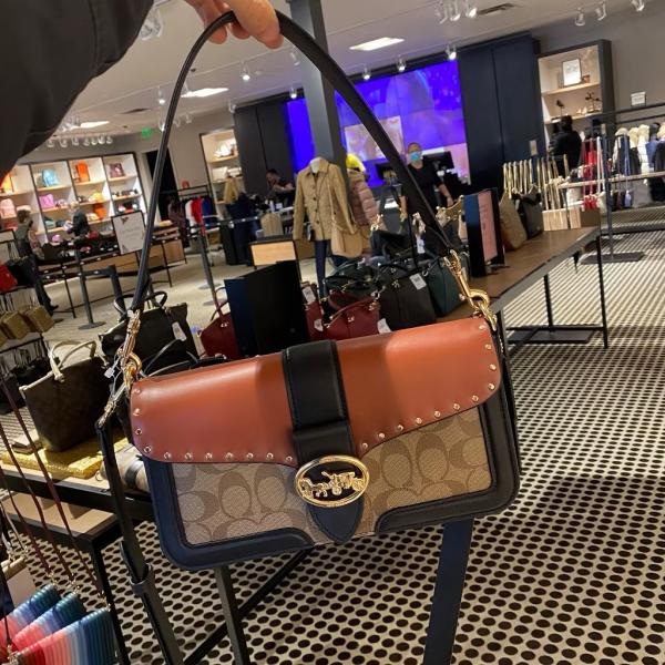 Coach Georgie Shoulder Bag Featuring Color block Black Red Leather With OG Box Dust Cover Carry Carry Bag
