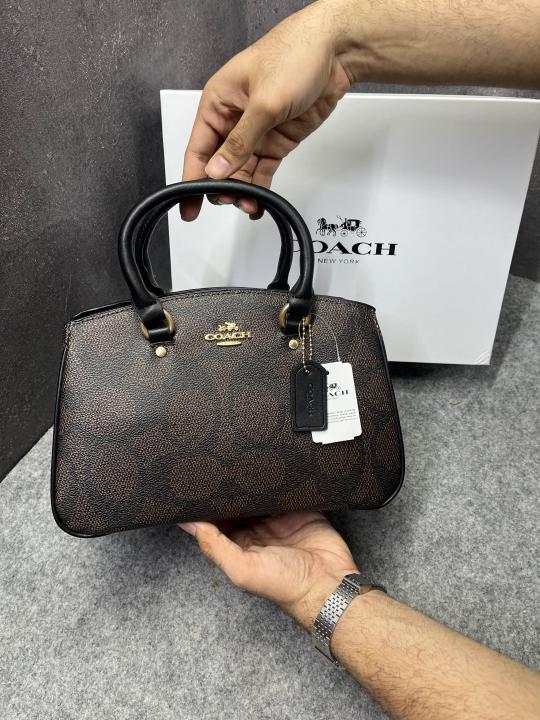 Coach Savannah Carry all Signature Coffee Black Leather Bag With OG Box Dust Cover & Carry Bag 2506 Coffee Black