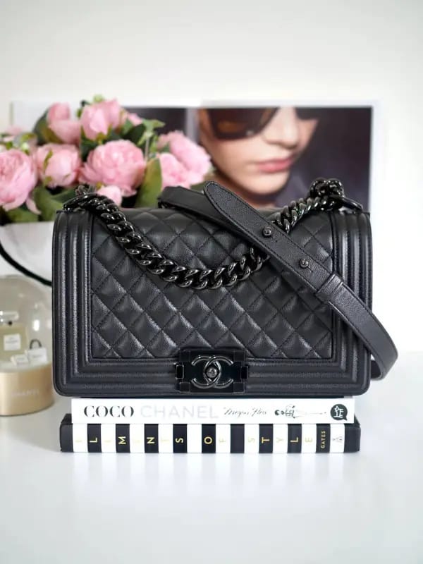 Chanel Boy Black Quilted Medium Grained Leather Handbag Black Tone Hardware With Dust Cover & Carry Bag Black Black 67086