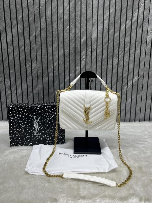 YSL Saint Laurent College Quilted Leather Bag White With OG Box Dust Cover & Carry Bag 1324 White