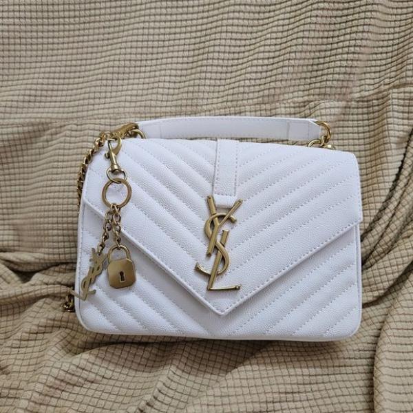 YSL Saint Laurent College Quilted Leather Bag White With OG Box Dust Cover & Carry Bag 1324 White