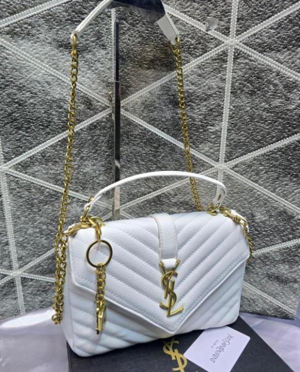 YSL Saint Laurent College Quilted Leather Bag White With OG Box Dust Cover & Carry Bag 1324 White