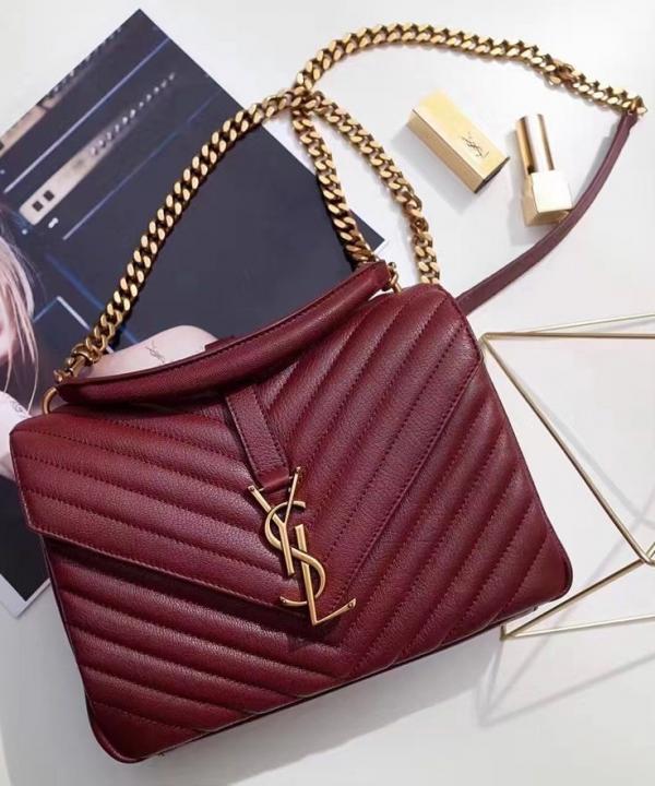 Ysl Saint Laurent College Quilted Leather Bag Wine With OG Box Dust Cover & Carry Bag 1324 Wine
