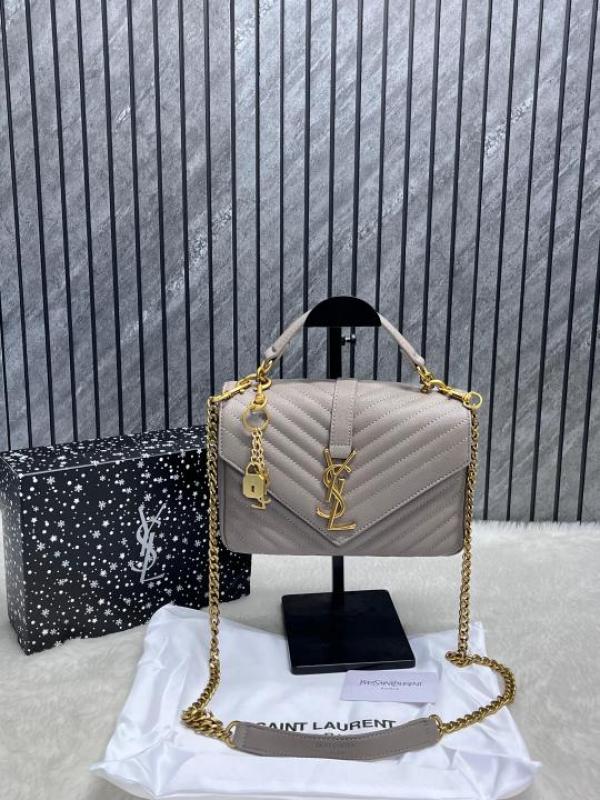 YSL Saint Laurent College Quilted Leather Bag Grey With OG Box Dust Cover & Carry Bag 1324 Grey