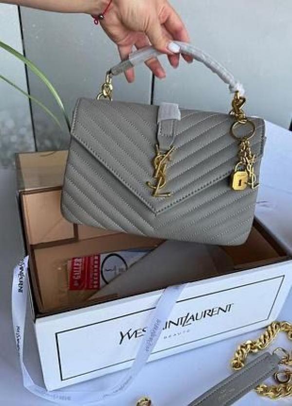 YSL Saint Laurent College Quilted Leather Bag Grey With OG Box Dust Cover & Carry Bag 1324 Grey