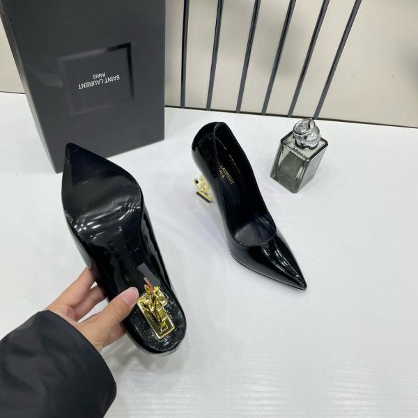 YSL Saint Laurent Opyum Black Patent Leather Logo-Heel Pumps with OG Box 2499-1 Black