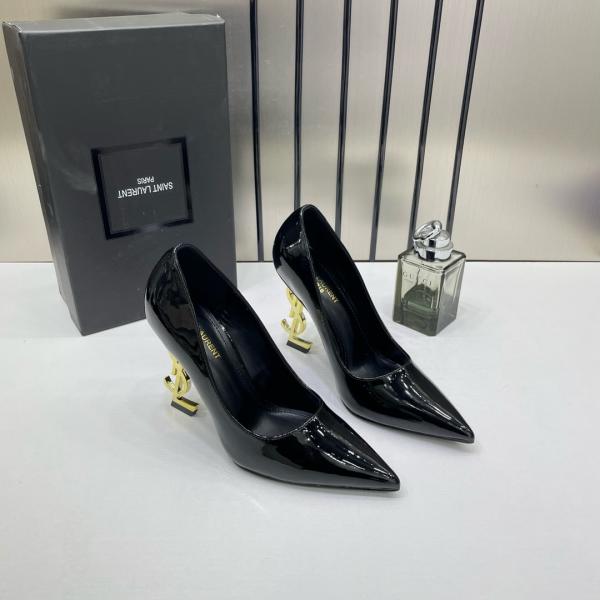 YSL Saint Laurent Opyum Black Patent Leather Logo-Heel Pumps with OG Box 2499-1 Black