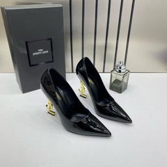 YSL Saint Laurent Opyum Black Patent Leather Logo-Heel Pumps with OG Box 2499-1 Black