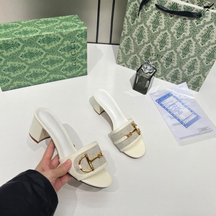 Gucci Horsebit Slide Sandals Mid Heel Iconic GG Canvas With OG Box & Carry Bag 1295 2 White