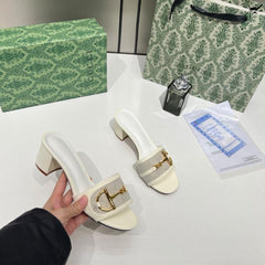 Gucci Horsebit Slide Sandals Mid Heel Iconic GG Canvas With OG Box & Carry Bag 1295 2 White