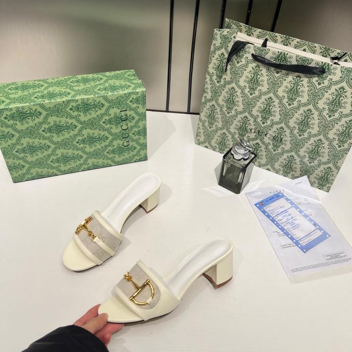 Gucci Horsebit Slide Sandals Mid Heel Iconic GG Canvas With OG Box & Carry Bag 1295 2 White