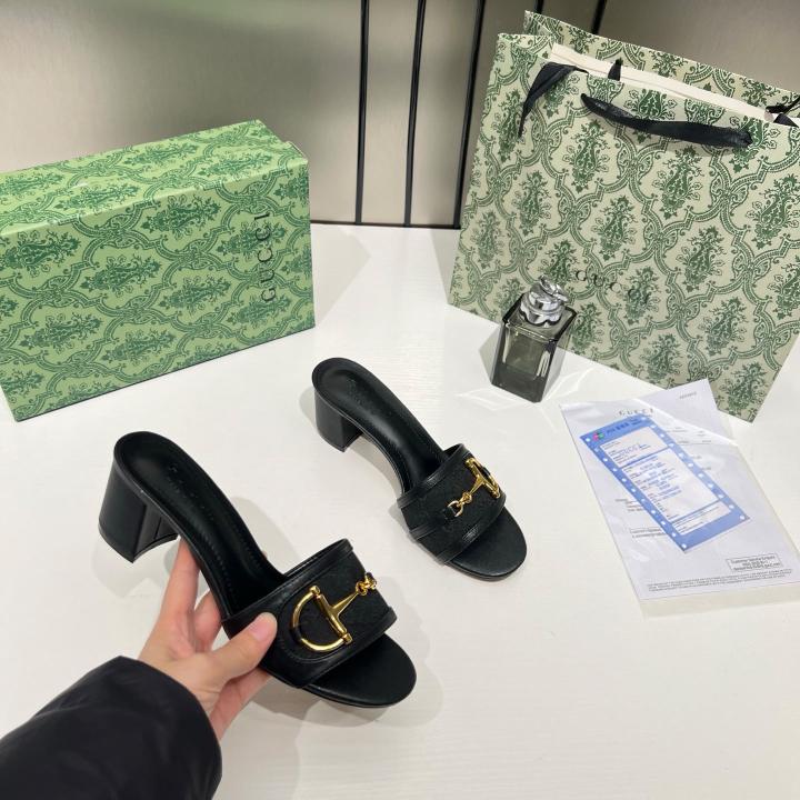 Gucci Horsebit Slide Sandals Mid Heel Iconic GG Canvas With OG Box & Carry Bag 1295 2 Black