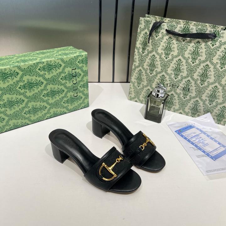 Gucci Horsebit Slide Sandals Mid Heel Iconic GG Canvas With OG Box & Carry Bag 1295 2 Black