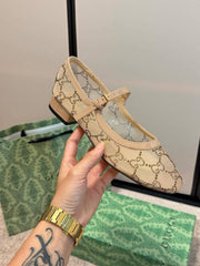 Gucci Charline Mesh Mary Jane Flats Ballet Sparkling Crystal GG Monogram With OG Box & Carry Bag 271 218 Apricot